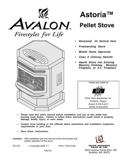 Avalon astoria bay pellet stove manual